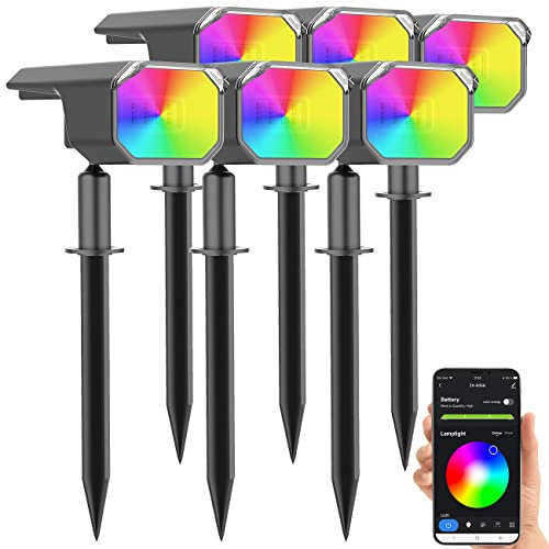 Luminea Home Control LED-Spot mit Erdspieß: 6er-Set smarte Solar-Spots, RGB-CCT-LED, 100 lm, 2.200 mAh, 1 W, IP65 (Garten-Dekoration, Solar Gartenspot, Gartenleuchte Standleuchte)