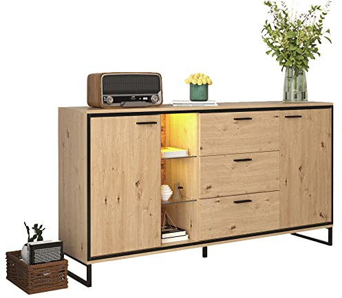 Azkoeesy Sideboard Buffetschrank mit LED-Beleuchtung, 160 cm, Holzoptik Kommode TV-Board mit 3 Schubladen und 2 Türen, Glasböden, für Wohnzimmer Schlafzimmer Flur Esszimmer