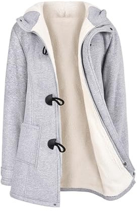 Nadeer Plüsch Jacken Für Damen Mantel Trenchcoat Kapuzenjacke Hornknöpfe Winter Parka Wollmäntel Winterjacke Fleece Hoodie Coat Kapuzen Wintermantel (Hellgrau,L)