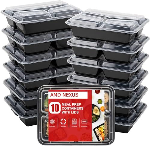 AMD Nexus [10 Pack] 3 Compartment Plastic Meal Prep Containers - Reusable BPA Free Food Containers with Airtight Lids - Microwavable, Freezer and Dishwasher Safe