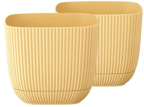 Tymar Lot de 2 pots de fleurs avec soucoupe - En plastique - Forme carrée - 19 x 19 cm - Jaune