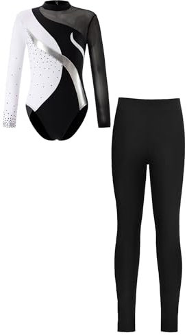 iiniim Mädchen Turnanzug Langarm Gymnastikanzug mit Hose Ballett Trikot Glänzend Gymnastik Leotard Trikotanzug Wettbewerb Tanzkostüm F Silber&Schwarz 146-152