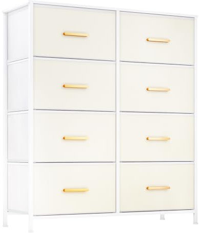 LLappuil Kunstleder-Kommode für Schlafzimmer, 8 Schubladen, Stoffkommode, Kommode, Schublade für Schrank, Flur, mit luxuriösen Metallgriffen, Holzplatte, Cremeweiß