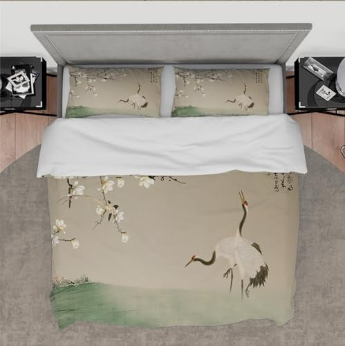 Estilo Vintage Funda de Edredón Set 3 Piezas Blanco Magnolia Pájaro Auspicioso Tinta de Pintura de Grulla Juego de Ropa de Cama de Dormitorio con 2 Almohadas 260 x 240 cm