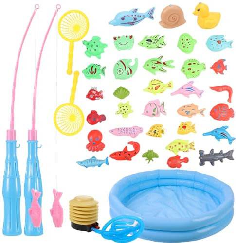 Radsocken Magnetic Fishing Toys for Bath Time, Fishing Game Set with Pole Rod Net, Plastic Floating Fish Pool Toy for Toddler Education Teaching Christmas Birthday Gifts for Kids
