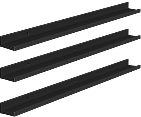 HOOBRO Étagères Flottantes, Étagères Murales, Lot de 3, Étagères Suspendues de 90 cm avec barrières surélevées et Attaches Invisibles, pour Salle de Bain, Chambre, Bureau, Noir EBK90BJ01