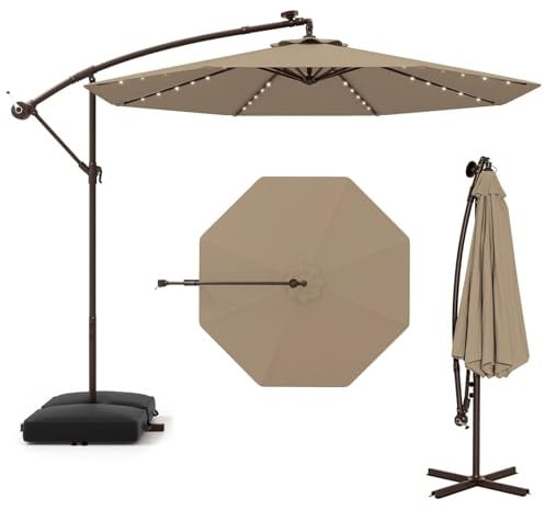 RELAX4LIFE Ombrellone da Giardino 3x3M con Luci a LED, Ombrellone da Balcone con Base a Croce e Sacco di Sabbia, Protezione Solare, per Giardino Terrazzo e Patio (Caffè)