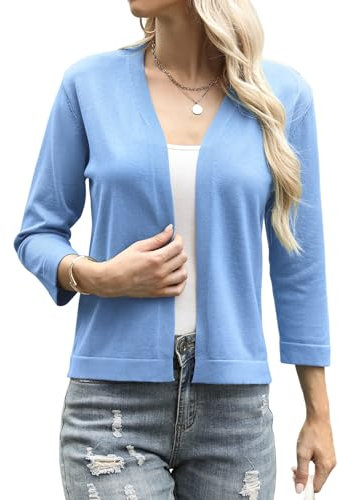 Aottori Womens Cardigan Lightweight Knit Cropped Cardigans 3/4 Sleeve V Neck Outwear Shrug Tops for Dress Evening Wedding Blue XL