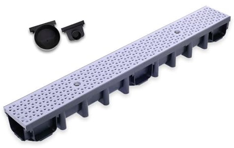 Durabern Entwässerungsrinne Set - 98 mm Ablaufrinne Modern Line für Garten, Hof & Terrasse, PKW-befahrbar, inkl. 2 Ablaufstutzen (DN 110, DN 50) (1 m, Grau)