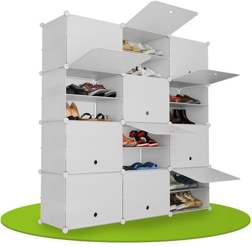 Juskys Schuhschrank mit 12 Würfel & Türen - Kunststoff Schrank für bis 48 Paar Schuhe - Regal geschlossen - Steckregal Schuhregal - Würfelregal Weiß