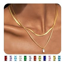 JeweBella 2PCS 14K Vergoldet Kette Damen Edelstahl Kette Gold Damen Schlangenkette Geburtsstein Anhänger Halskette für Frauen Mädchen Smaragd Ruby Geburtsstein Kette Set Geschichtet Goldkette Schmuck