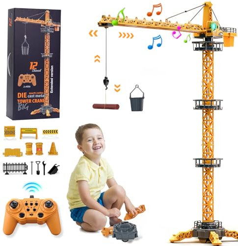 BuzzoXerex Ferngesteuerte Turmkran, 12 Kanäle 2,4 Hz RC Turmdrehkran, 680 Grad Rotation Ferngesteuerte Tower Crane mit Lichter Geräusche und Verkehrsschilder Set für Kinder (Gelb)