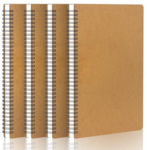 Yarotm Spiralblock A4 Blanko - 4 Stück Notizbuch A4 Blanko - 100g/m² Leere Papier Notizblock A4-21x29.2cm Spiralbindung Notebook Kraft - 120 Seiten/60 Blatt Collegeblock A4 Notizheft