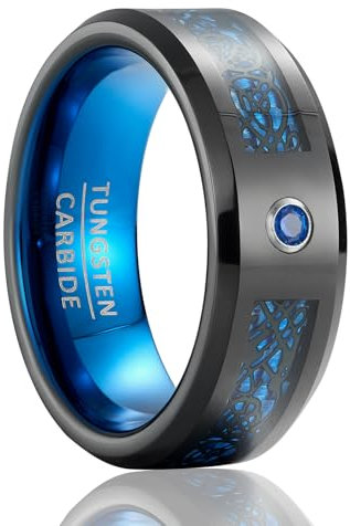 SOXEMAN Herren-Ring aus Wolfram, schwarze Einlage, blauer Hintergrund, Drachenmuster-Design, 8 mm breiter Herrenring, Wolframkarbid, Blauer Zirkon