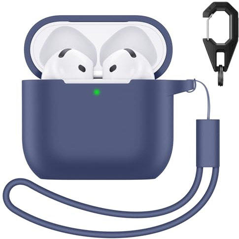 Charlam Silicone Case Compatible with AirPods 4 Case 2024, Soft Full Body Case Cover Shockproof Protective Case for Apple AirPods 4th Generation Case with Lanyard and Keychain, Blue