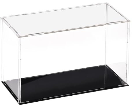 TA-VIGOR Transparente Acryl-Vitrine, 25 x 10 x 15 cm, zusammenbaubar, würfelförmige Aufbewahrungsbox, Organizer, Ständer, staubdichter Schutz, Vitrine mit schwarzem Boden für Sammlerstücke