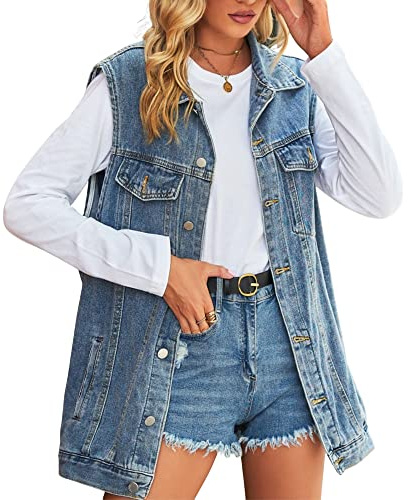 FindThy Damen Vintage Denim Jeans Weste Oversized Button Down Jeans Weste, 01 Blau, XX-Large
