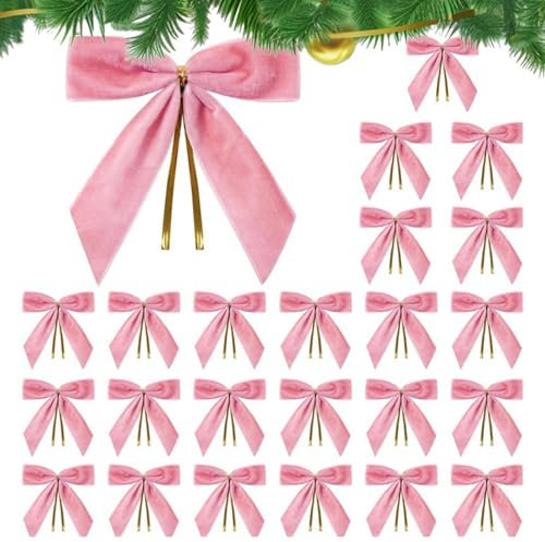 Fiocchi di Velluto per Albero di Natale, 24 Fiocchi Natalizi Rustici in Velluto Ornamenti per L'albero, Nastro Vintage in Velluto per Ghirlande, Pendenti con Fiocchi Velluto Fatti a Mano(Rosa)