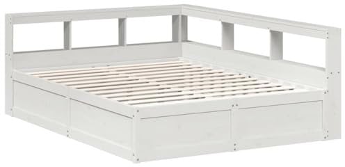 vidaXL Massivholzbett mit Regal ohne Matratze Weiß 150x200 cm Kiefer, Holzbett mit Regal, Massivholzbett mit Regal, Bett, Holzbett mit Bücherregal