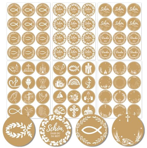 HOWAF 24 Bögen-288pcs Aufkleber Kommunion Konfirmation Taufe, Aufkleber Schön DASS du da bist Fisch Aufkleber Danke Sticker Kommunion für Taufe Konfirmation Erstkommunion Kommunion Deko, Braun