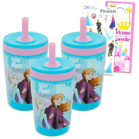 Disney Juego de vasos de Frozen para niños – Paquete con 3 vasos de Disney con tapas a prueba de fugas y popotes más calcomanías, más | Taza de viaje Disney para niñas y niños pequeños