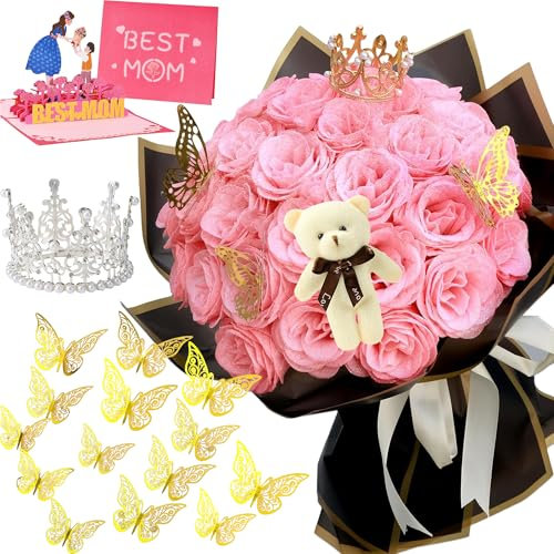 DIY Glitter Roses Bouquet Pink Artificial Rose Flowers Bouquet Shiny Fake Roses Bouquet Love Gifts for Women, Mom, Mother's Day, Valentine, Birthday, Graduation