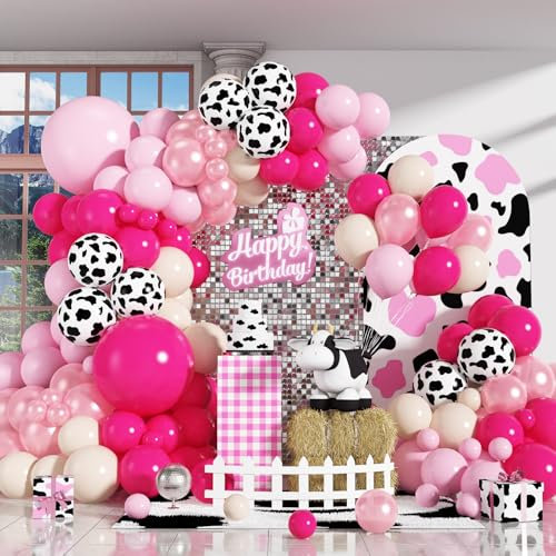 HILAVO Kit d'arche de ballons cowgirl avec imprimé vache rose vif, rose clair, perle sable, blanc, guirlande de ballons pour fête de dernier rodéo, enterrement de vie de jeune fille, décoration
