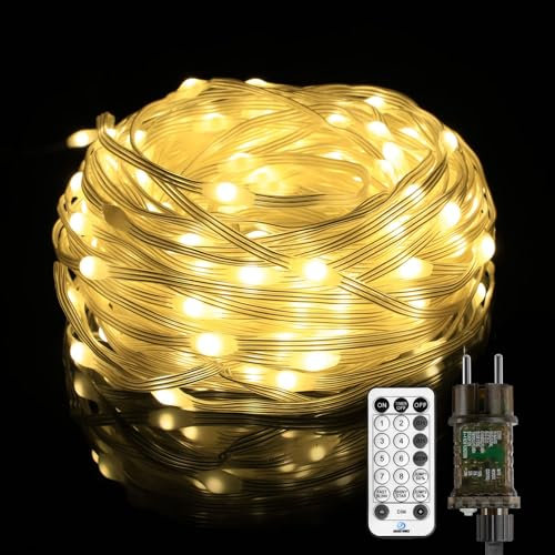 Gresonic 10M 100 LED Lichterkette Außen mit Stecker 12 Modi Timer IP44 Wasserdicht Lichtervorhang für Außen Innen Garten Balkon Outdoor Warmweiß Remote (PVC-Kabel Warmweißen, 100LED)