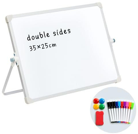 DOEWORKS Magnetisches Whiteboard 35 x 25cm, Doppelseitiges Trocken Abwischbares Whiteboard mit Aluminiumrahmen, Klein Magnettafel mit Standfuß für Zuhause Schule Büro