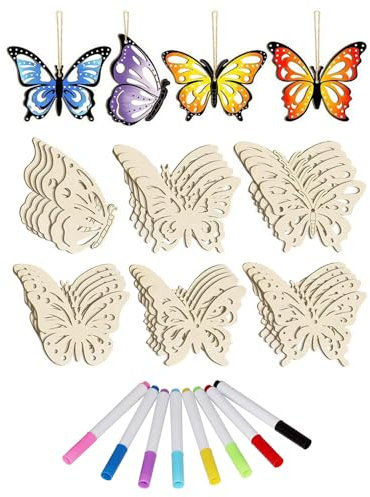 XFSRG 30 Piezas Formas de Mariposas de Madera para Pintar 6 Estilos Diferentes Incluidos 8 Rotuladores al Agua Kit DIY para Ideas Decorativas Creativas
