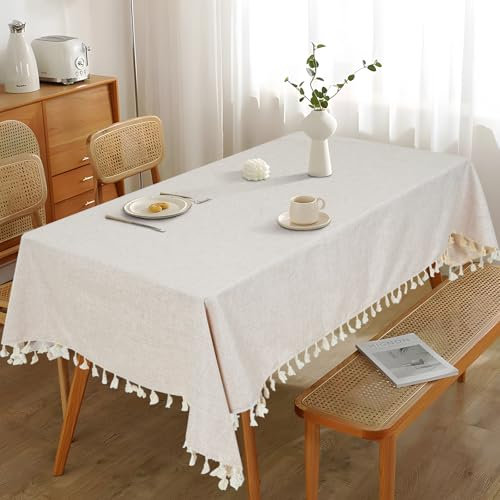 Eternal Beauty Rectangle TableCloth Cotton Faux Linen Table Cloth Wipe Clean Table Cover Tassel for Home Dining Party Restaurant Decoration(140x220cm, Beige)