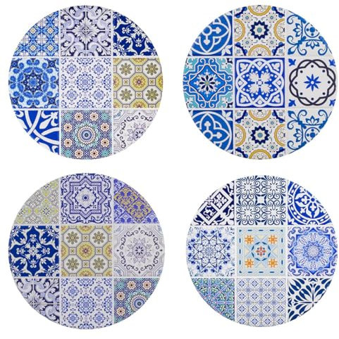 Dessous de Plat Set de 4 Rond en Céramique Design Carreau de Ciment Rétro Vintage Bleu