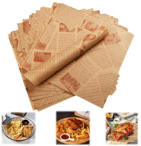 100 Stück Blatt Backpapier Zeitungsoptik, 25 x 25cm Deli Papierblätter, Umweltfreundliches Backpapier, Wasserdicht und Öl, Wrap Papier für Burger, Butterbrot, Käse, Pommes Frites, Kuchen, Sandwich