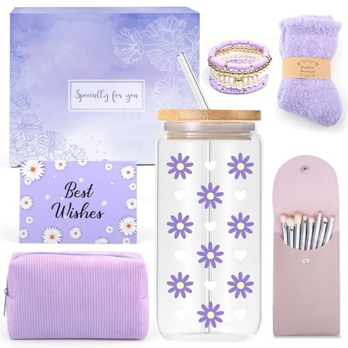 Youerls Geschenke für Mädchen Teenager 9 10 11 12 13 14 15 16 Jahre, Geburtstag Geschenke Mädchen Teenager, Glasbecher mit Strohhalm und Deckel,Schminkpinsel Kosmetiktasche Armband