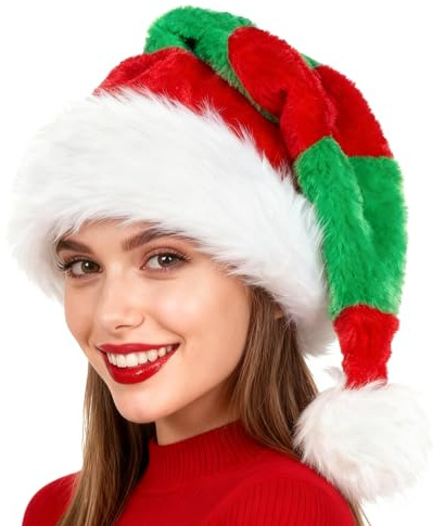 powerking Santa Hats for Adults, Velvet Plush Christmas Hat with a Faux Fur Pompom, Santa Outfit for New Year Festive Party Supply