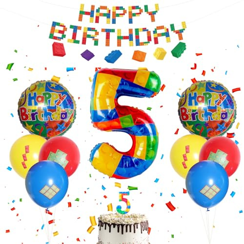5 Geburtstag Deko Set für Kinder, Bausteine Design Kindergeburtstag Deko | Folienballon Zahl 5 mit HAPPY BIRTHDAY Girlande, Luftballons Bunt & Geburtstagskerze, für Jungen Mädchen Geburtstagsparty