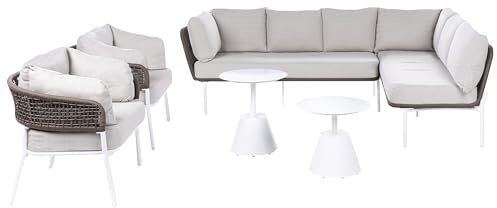 Beliani Lounge Set 5-teilig Aluminium weiß mit Auflagen beige 5-Sitzer Ecksofa 2 Sessel & 2 Tische Robella