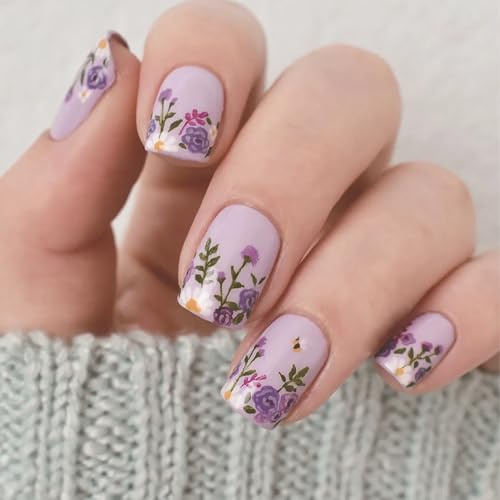 24PCS False Nails with Glue - Press on Nails Short with Purple Flower Design - Short Square False Nails with Glue - Reusable Soft Gel Fake Nails Kit for Women, 12 Sizes