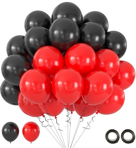 Luftballons Schwarz Rot 50 Stück 12 zoll Schwarze und Rote Helium Ballons | Latex Ballons inkl. 2 Bänder, für Geburtstag Silvester Weihnachtsfeier Abschluss Racing Casino Abend Jubiläum Party Deko