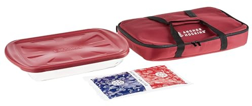 Anchor Hocking Glass Baking Dishes for Oven with Casserole Carrier, 4 Piece Set (3 Quart Glass Baking Dish, Red Lid, Red Thermal Carrier, and Hot/Cold Pack)
