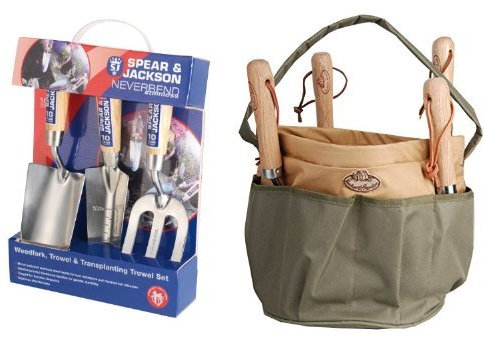 Spear & Jackson Neverbend Stainless Hand Tool Gift Set & Esschert Design GT05 28 x 28 x 26cm Textile Garden Tools Bag - Green Set