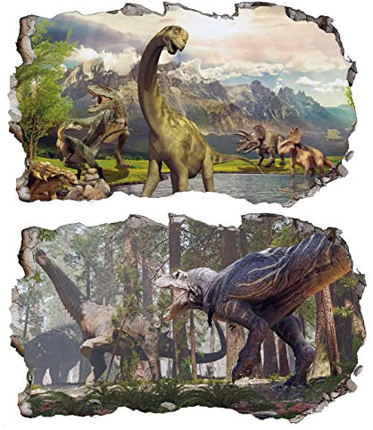 2Pcs Dinosaurier Dino Urzeit T-rex Wandtattoo 3D Effekt Wandsticker XXL Wanddurchbruch Tiere Fenster Wandaufkleber für Kinderzimmer Jungenzimmer Groß 1000mmx580mm v13
