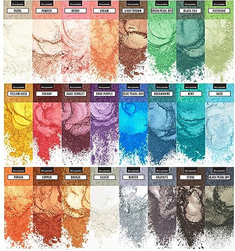 Mica Puder Soap Shop Glimmer-Pulver: 24 Farben Glimmer-Pigment-Set für die Seifenherstellung/Epoxidharz-Pigment/Farbstoff für Badebomben/Makeup-Farbstoff