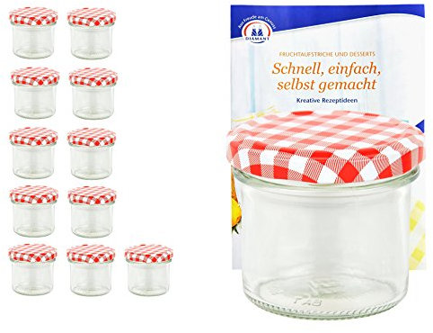 MamboCat 12er Set Sturzgläser 125 ml mit rot-kariertem Deckel to 66 inkl. Diamant Gelierzauber Rezeptheft Marmeladengläser Einmachgläser Einweckgläser