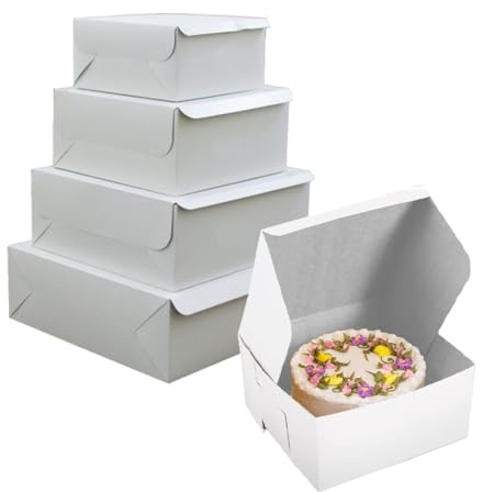Tezraftaar® 100 x Cardboard Cake Boxes 6 x 6 x 2.5 White Fold Flat Square Cupcake Muffins Desserts Storage Takeaway Box