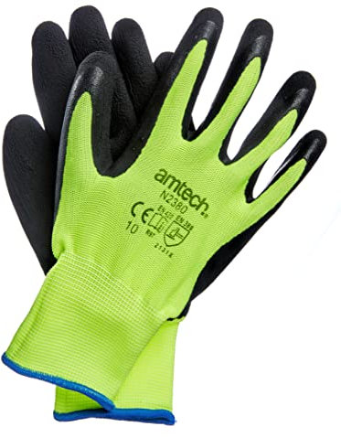 Amtech N2380 XL (Size 10), Certified Quality Rubber Coated Hi Vis Work Gloves, Black/Yellow