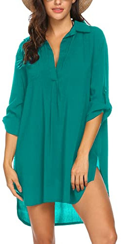 UNibelle Damen Strandkleid aus Baumwolle mit reizvollem V-Ausschnitt und sexy Häkellook über den Bikini oder als sexy Sommer-Bluse zu tragen Snorkel Blue, Small