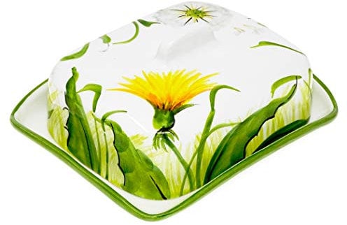 Lashuma Keramik Butterdose 18x14 cm, Butterglocke mit Deckel, Bemaltes Buttergefäß Motiv: Pusteblume