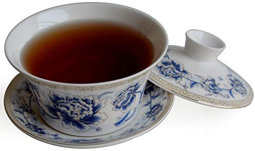 YXHUPOT Gaiwan Teetasse, 300 ml, Blau-Weiß, Sancai mit Pfingstrose | Untertasse, Bezug-Set, Sancai-Teetasse