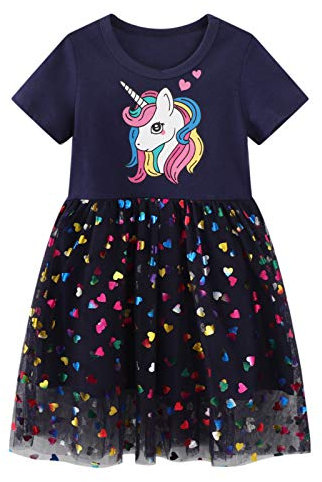 JinBei Kleid für Mädchen Pailletten Einhorn Tüll Marine Kleider Kinder Baumwolle Kurzarm Sommer Cartoon Pferd T-Shirt Kleid Alter 3-4 Jahre